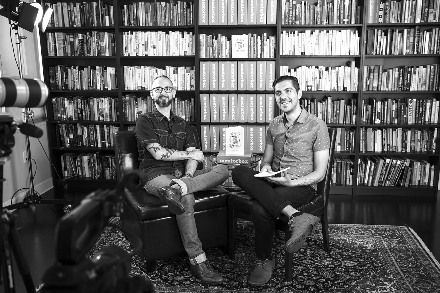 a behind-the-cameras photo of Justin while filming for MentorBox